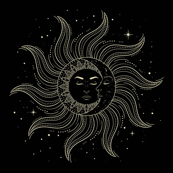 Sun Moon Man Woman Faces Black Background Vintage Mystic Symbol — Stock Vector