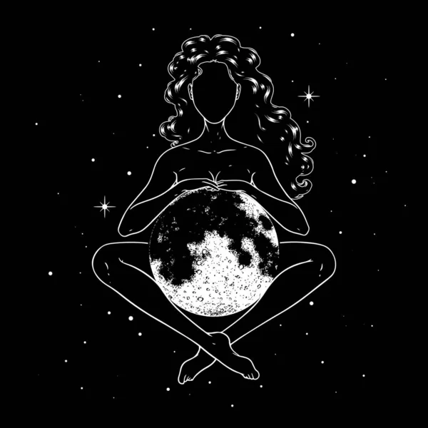 美しい女性は 宇宙で満月と瞑想 女神のシンボル ベクターイラスト — ストックベクタ