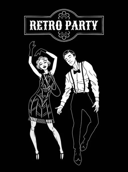 20世纪20年代的男女服装风格的舞蹈 黑白卡片 蓬松的女孩 英俊的小伙子穿旧衣服 20多岁 矢量插图 — 图库矢量图片