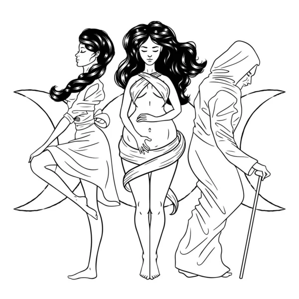 三个女人的形象 三神像的象征 如少女 母亲和克洛内 月亮的相位 巫术矢量说明 — 图库矢量图片