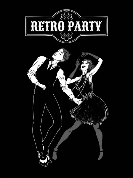 Hombre Mujer Vestidos 1920 Estilo Baile Tarjeta Blanco Negro Chica — Vector de stock