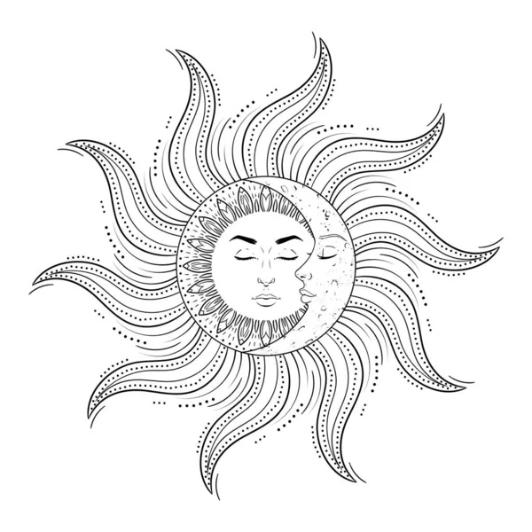 白を背景に男性と女性の顔を持つ太陽と月 ヴィンテージ神秘的なシンボルアート ベクターイラスト — ストックベクタ