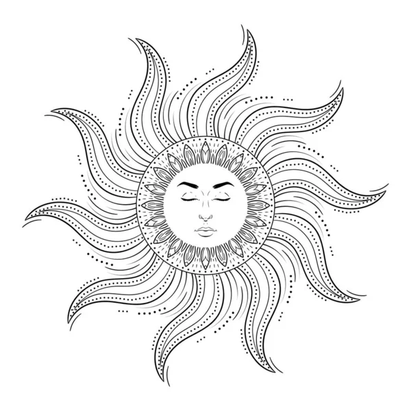 Sun Human Face White Background Vintage Mystic Symbol Art Vector — Stock Vector