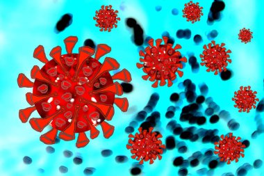 Mikroskop altında Coronavirus COVID-19, hücresel ortamda yüzen virüs, koronavirüs gribi salgını, virüs salgını, SARS-CoV, SARSCoV