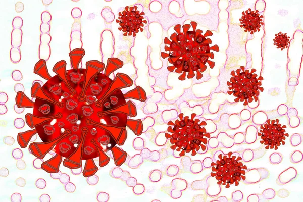Coronavirus Covid Microscopio Virus Galleggiante Ambiente Cellulare Sfondo Influenzale Coronavirico — Foto Stock