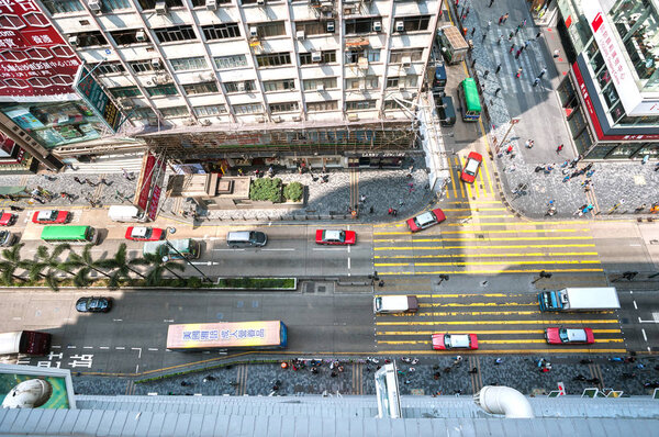 Looking down on a busy Nathan Road from Chungking Mansions, Hong Kong