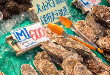 Japonya, Osaka 'daki Kuromon Ichiba Pazarı' nda taze istiridye satılıyor.