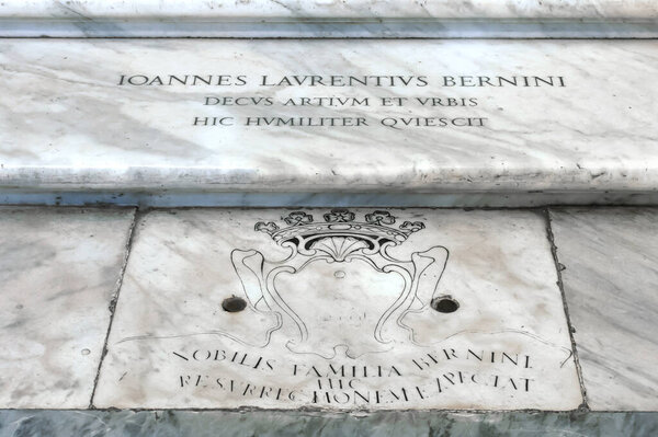 ROME, ITALY - JULY 2, 2017 - Tombstone of Italian sculptor and architect Gian Lorenzo Bernini at Basilica Papale di Santa Maria Maggiore, Rome