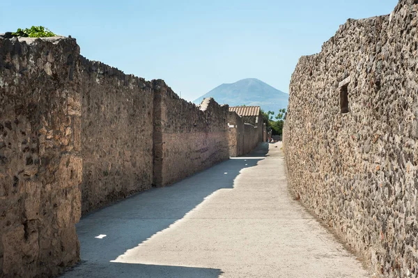 Ancient street with Mount Vesuvius in the background, in the ancient town of Pompeii, Italy