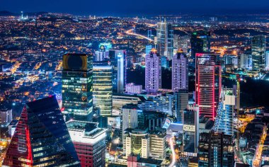 İstanbul, Türkiye. Şehir merkezinin ve gökdelenlerin havadan görüntüsü. Levent Bölgesindeki gökdelenler ve modern ofis binaları. Boğaz arka planıyla