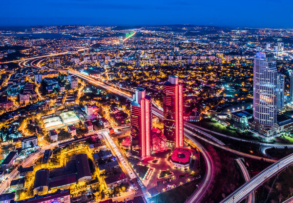 Istanbul, Turkey. Aerial view of the city downtown and skyscrapers. Skyscrapers and modern office buildings at Levent District. With Bosphorus background