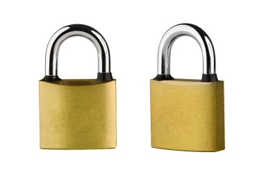 PADlock. Beyaz arka planda sarı metalik asma kilit. Kesme Yolu.