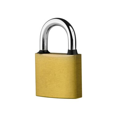 PADlock. Beyaz arka planda sarı metalik asma kilit. Kesme Yolu.