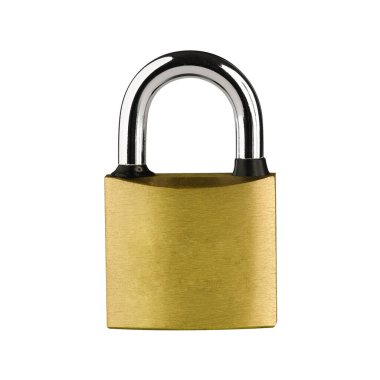 PADlock. Beyaz arka planda sarı metalik asma kilit. Kesme Yolu.
