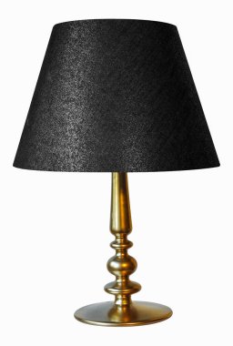 Masa lambası altın rengi, beyaz arka planda siyah kumaş abajur. Kırpma yolu ile nesne