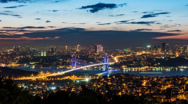 Istanbul Bosphorus Bridge at sunset. 15th July Martyrs Bridge. Night view from Camlica Hill. Istanbul, Turkey clipart