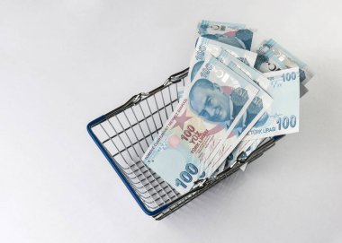 Alışveriş sepetinde 100 lira banknot var. Banknotlarla alışveriş kavramı