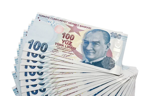 Sto Tureckich Banknotów Lira Białym Tle Odizolowany Ścieżka Wycinania — Zdjęcie stockowe
