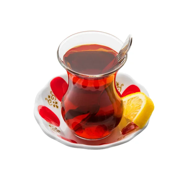 Geleneksel Çay Tabağıyla Geleneksel Bardakta Türk Çayı Nce Belli Limon — Stok fotoğraf
