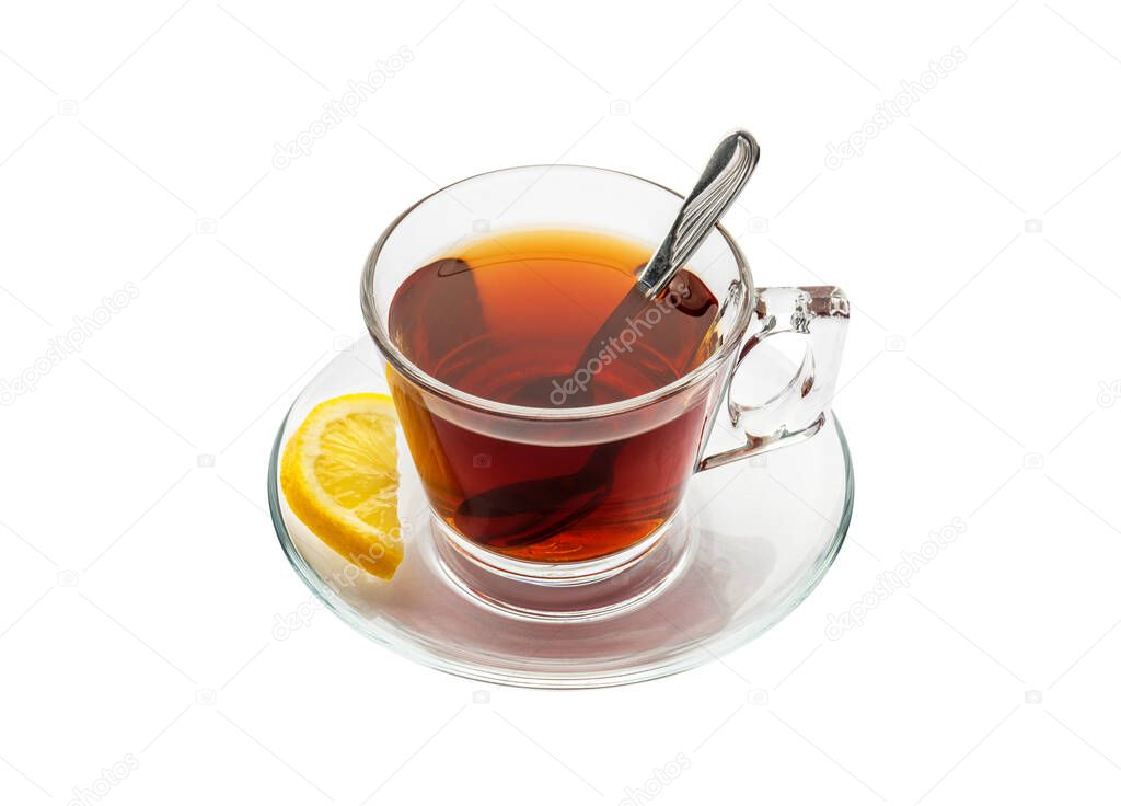 Turkish Tea glass cup with lemon. Turkish hot black tea isolated white background. Clipping Path.