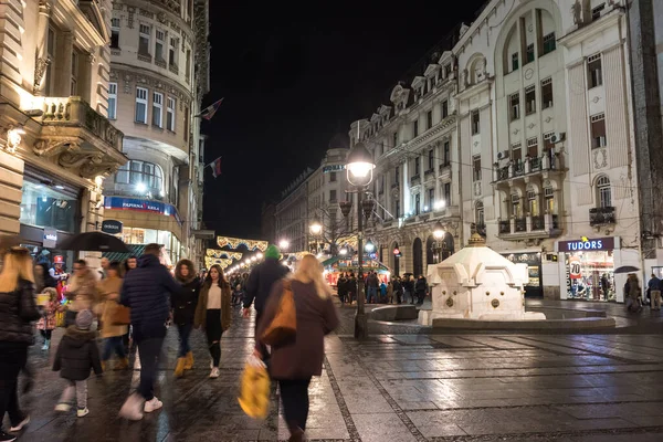 Belgrad Serbia Şubat 2017 Akşam Knez Mihailova Caddesi Ünlü Cadde — Stok fotoğraf