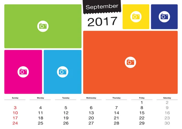 Calendário vetorial Setembro de, 2017 com molduras de imagem, tamanho A3 —  Vetores de Stock