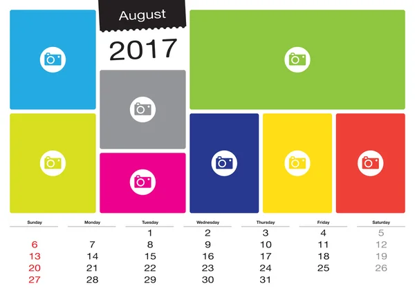 Calendário vetorial agosto de 2017 com molduras de imagem, tamanho A3 — Vetor de Stock