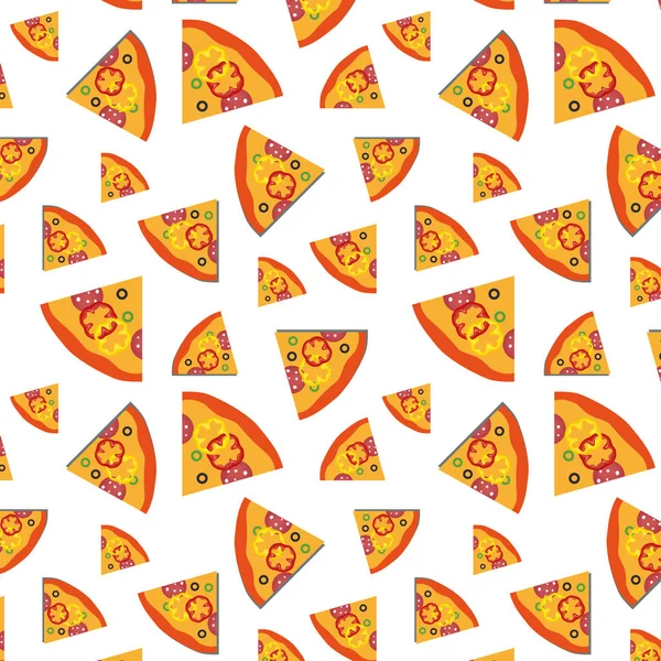 Vector patroon met pizza segmenten en groenten achtergrond. Kunst illustratie design — Stockvector