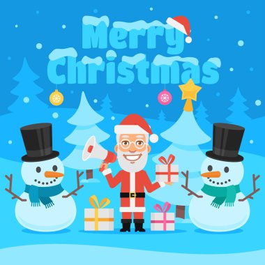 Resimde Noel Baba ve ormandaki kardan adam