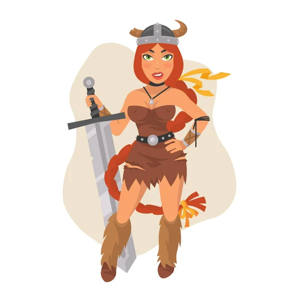 Vikingo chica sostiene la espada — Vector de stock