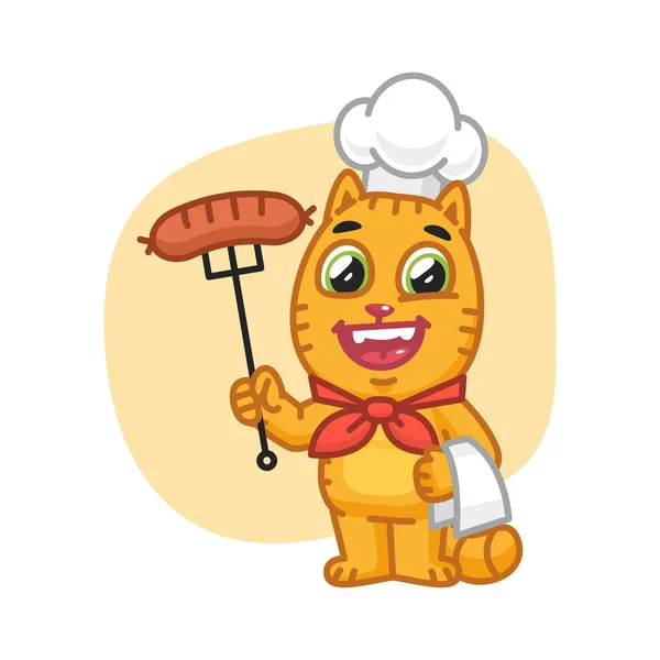 Tenedor de tenedor de chef gato con salchicha — Vector de stock