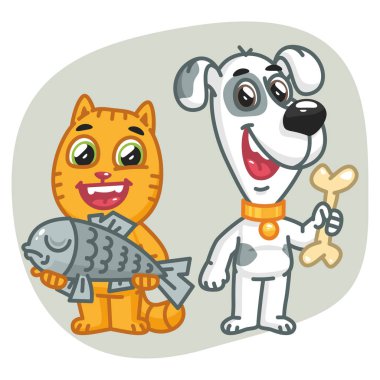 Balık köpek kemik elinde tutan kedi