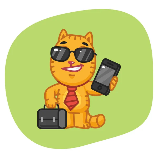 Cat Businessman che tiene valigia e telefono — Vettoriale Stock