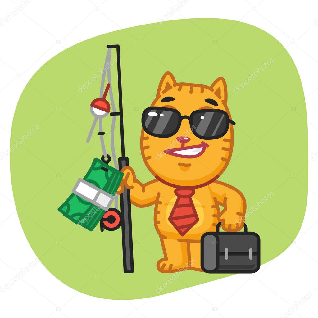 Cat Businessman Holding Fishing Rod with Money