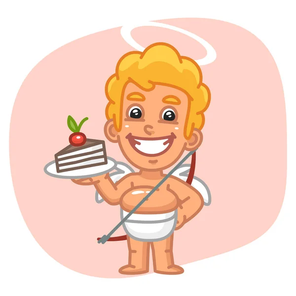 Cupido sorrindo e segurando bolo de peça — Vetor de Stock