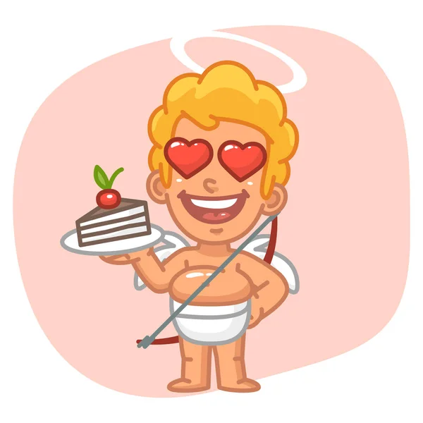 Cupido com olhos amorosos segurando bolo de peça — Vetor de Stock