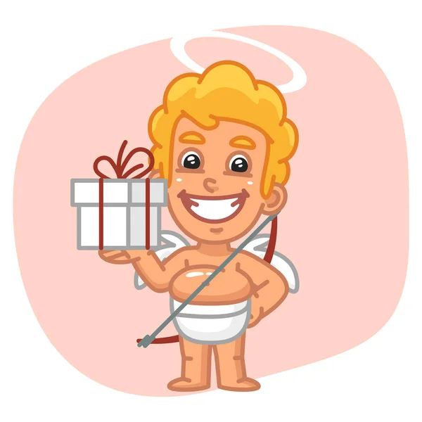 Cupid Smiles and Gift — Stock Vector