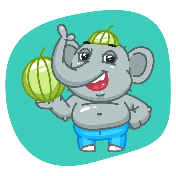 Olifant in Jeans broek Holding watermeloen — Stockvector