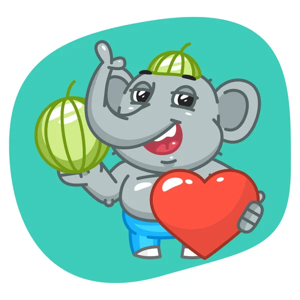 Elefant i Jeans byxor håller vattenmelon och hjärta — Stock vektor