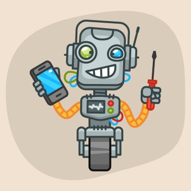 Tornavida ve telefon tutarak robot