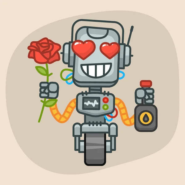 Robot tient l'huile et la fleur de rose — Image vectorielle