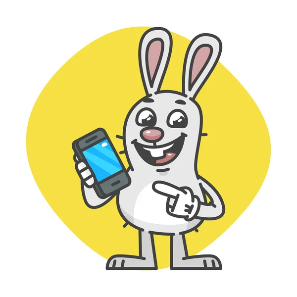 Bunny se ríe e indica en el teléfono móvil — Archivo Imágenes Vectoriales