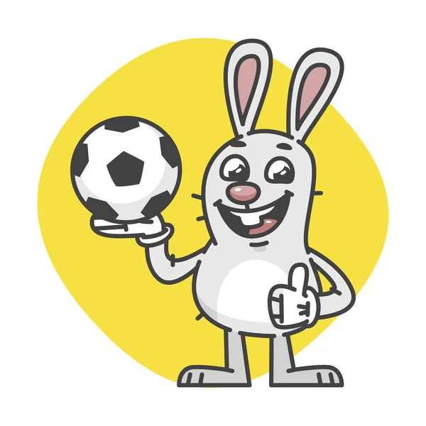 Bunny Laughs Showing Thumbs Up and Holds Soccer Ball - Stok Vektor