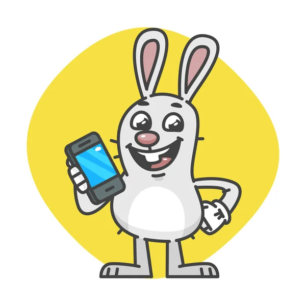 Bunny laughs and Holds Mobile Phone — Stock Vector