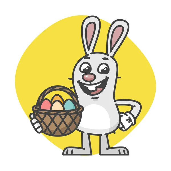 Conejo de Pascua ríe y sostiene cesta con huevos — Vector de stock