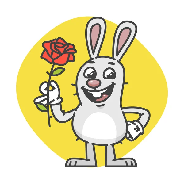 Conejo sonriendo y sosteniendo flor de rosa — Vector de stock