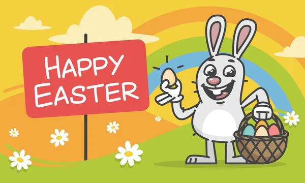 Composición Conejo de Pascua sosteniendo huevo y cesta — Vector de stock