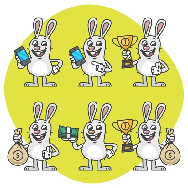 Conejo sosteniendo teléfono móvil Copa Dinero Set Personajes — Vector de stock