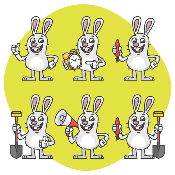 Rabbit Holds Carrot Clock Shovel Megaphone Set Characters — Stock Vector