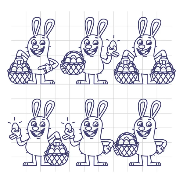 Szkic Zajączek trzymając jajko i kosz zestawu znaków — Wektor stockowy